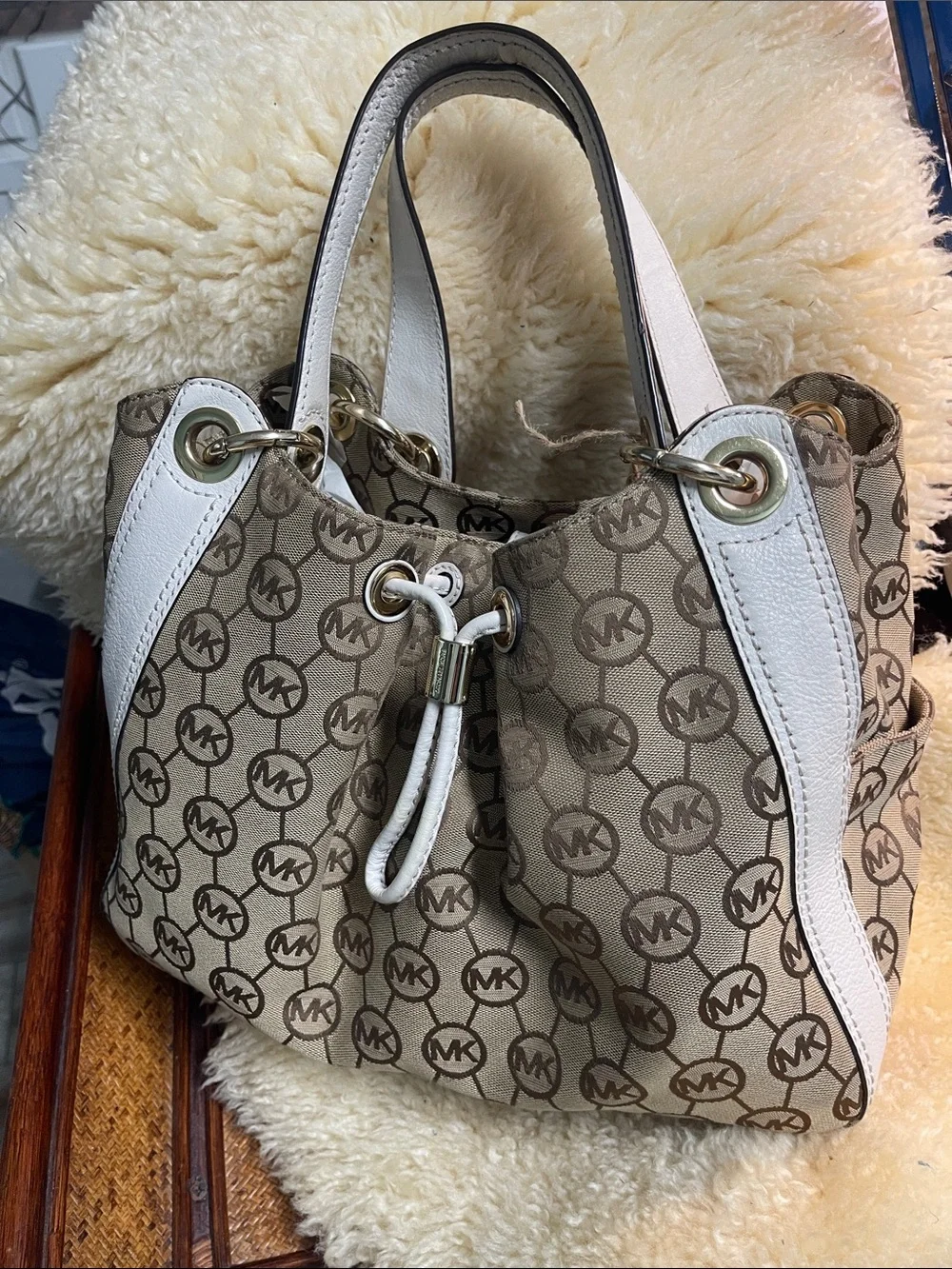 Michael Kors Beige Signature Drawstring Shoulder Bag with White Trim